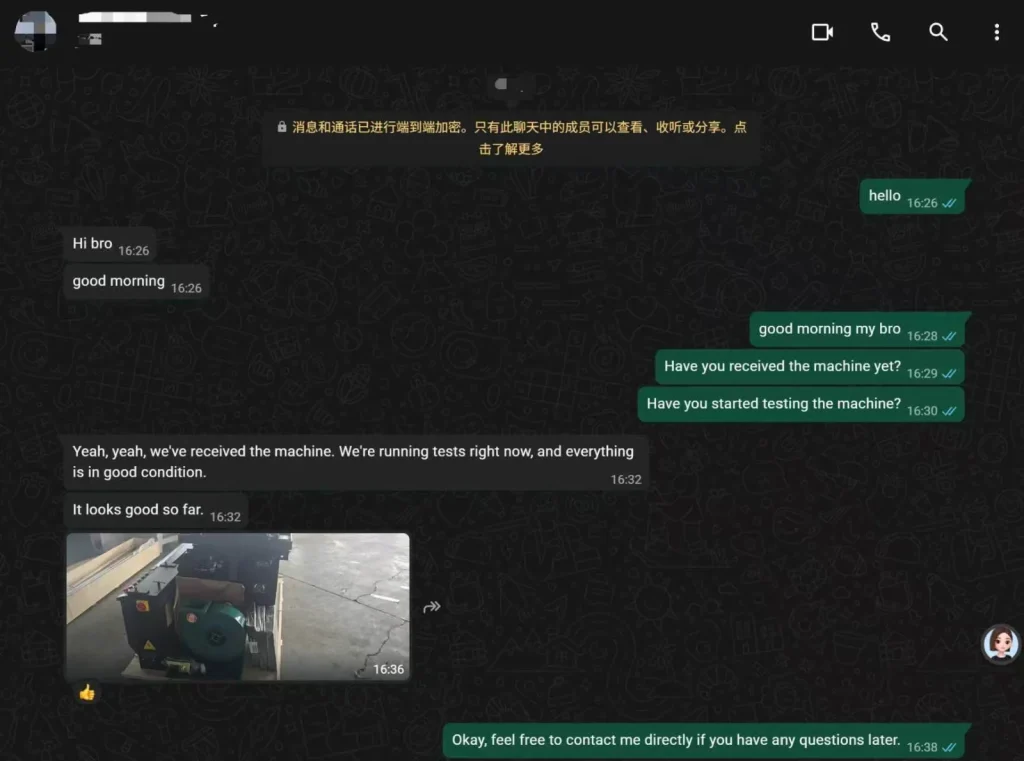 Anonymized WhatsApp feedback after machine delivery and testing